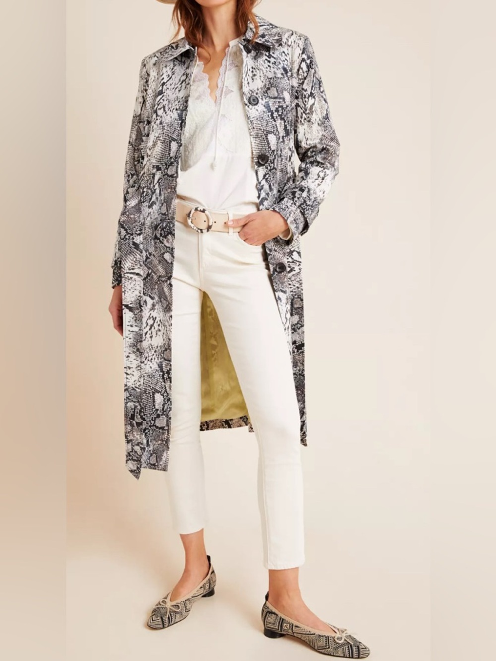 Anthropologie Helene Berman Snake-Printed Trench Coat Size 6